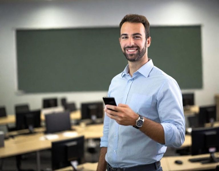 IT-Schulungen Mann mit Smartphone in einem leeren Klassenzimmer, lächelt freundlich.