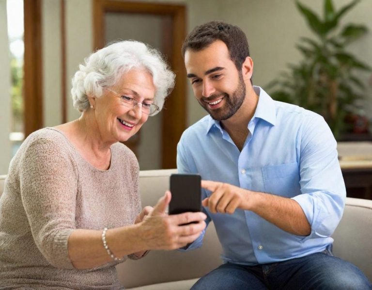 IT-Support Eine ältere Frau und ein junger Mann betrachten gemeinsam ein Smartphone und lächeln.