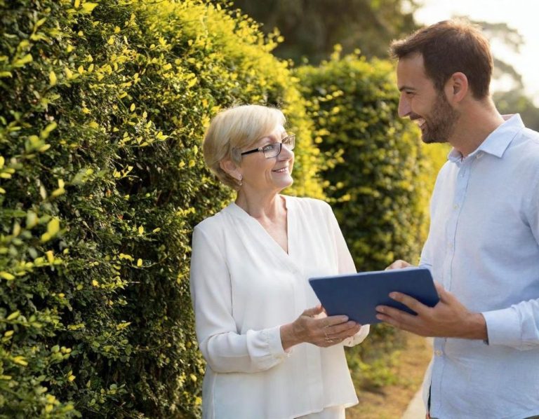 IT-Helfer Ältere Frau und Mann stehen an einer Hecke und sprechen, der Mann hält ein Tablet.
